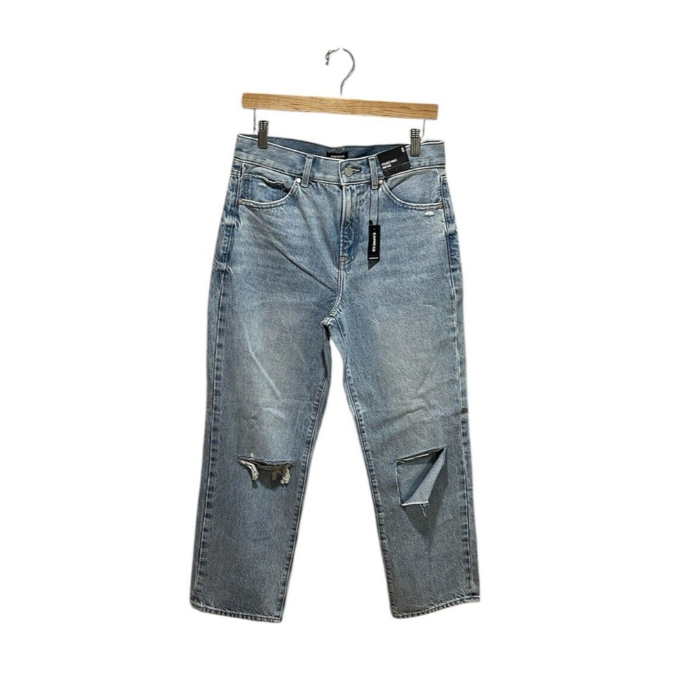 NWT Express Straight Ankle High Rise Jeans Size 6 Distressed‎ Light Wash